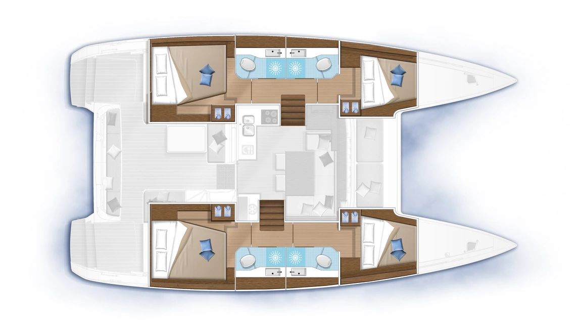 Layout drawing of the four cabins aboard Laurelli, two per hull
