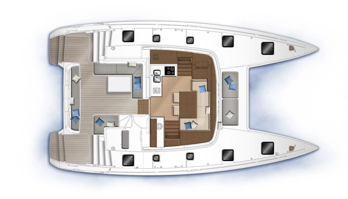 Layout drawing of the deck: cockpit, trampoline, saloon and galley