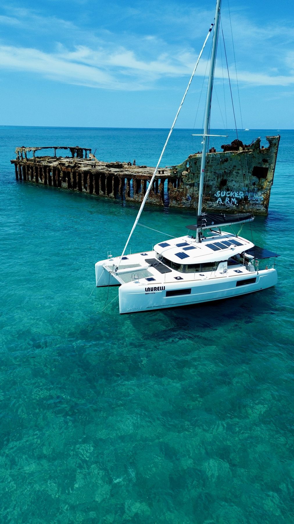 Laurelli anchored next to an old shipwreck, far from any marina