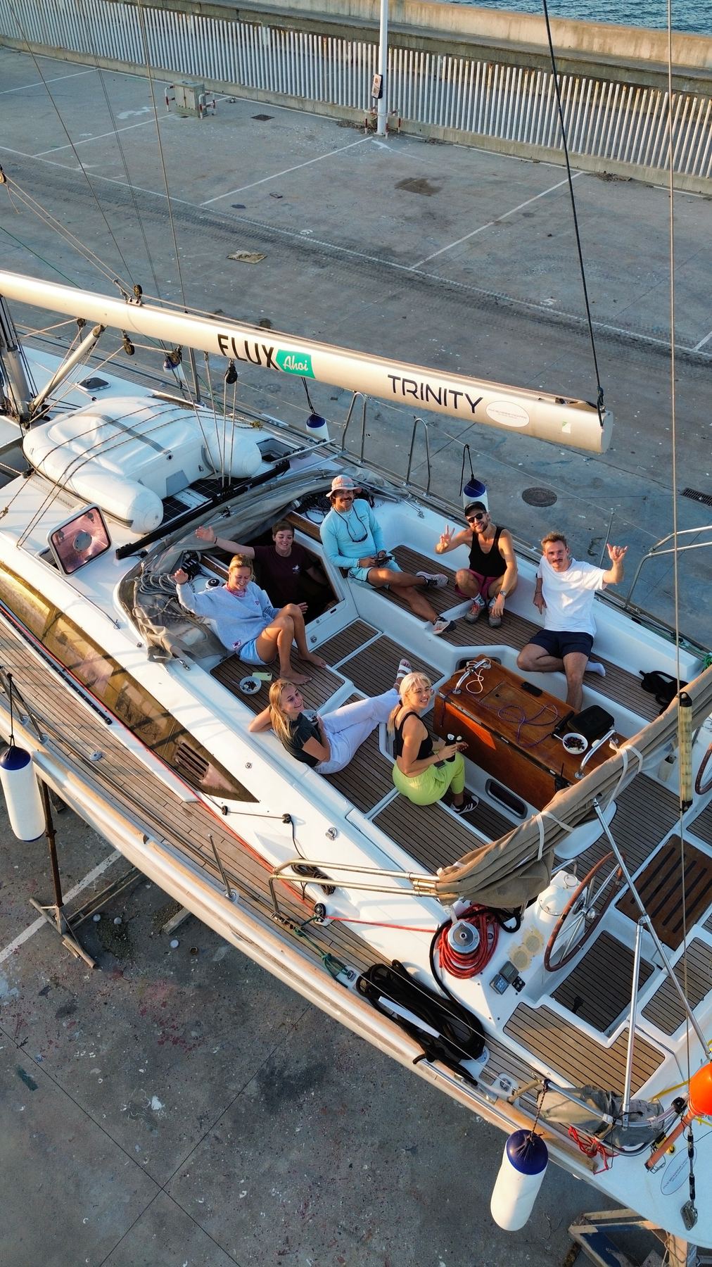 Aerial view of the crew relaxing on deck after the third Atlantic crossing