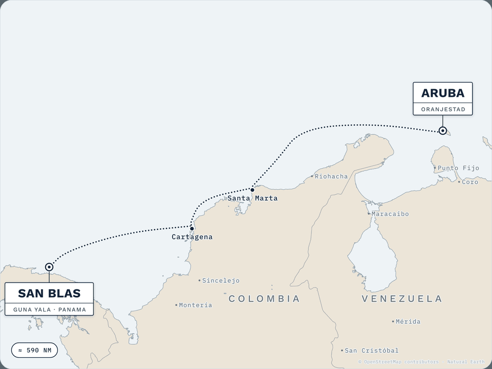 Route map: Aruba → San Blas, Panama