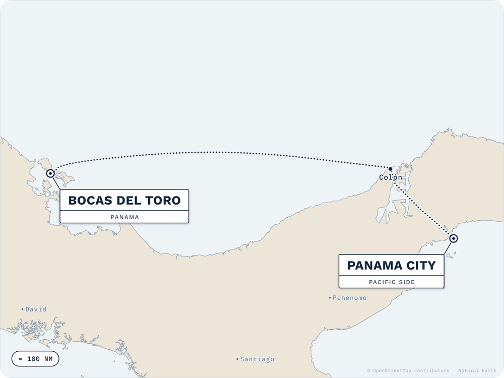 Route map: Bocas del Toro → Panama City