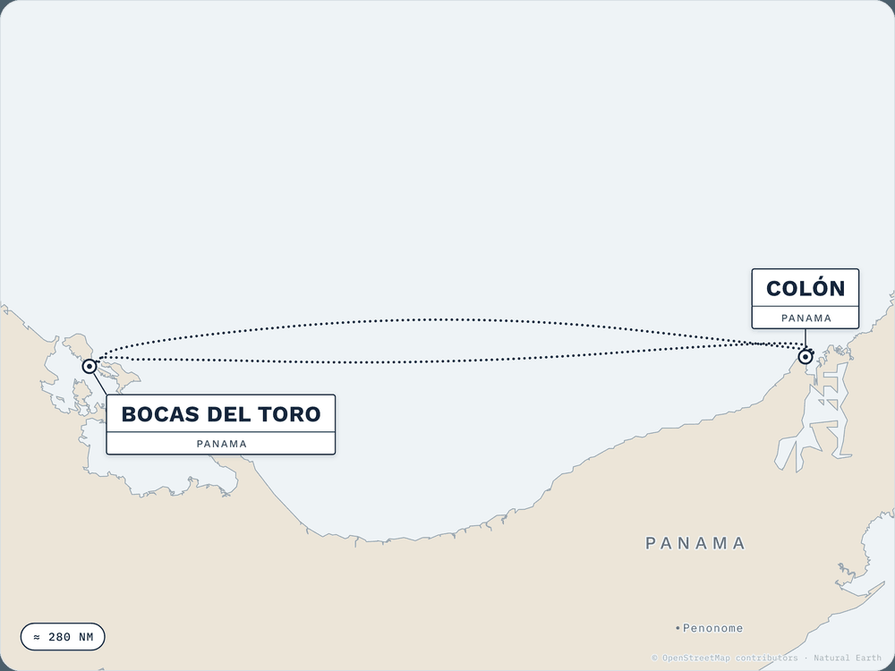 Route map: Colón → Bocas del Toro → Colón