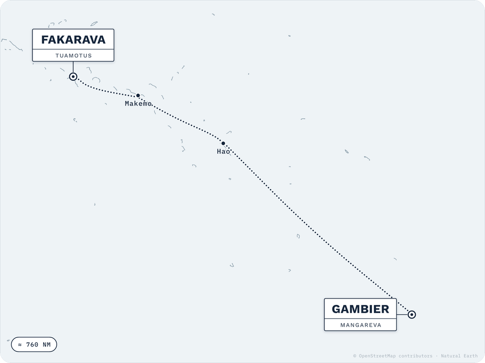 Route map: Gambier Islands → Tuamotus
