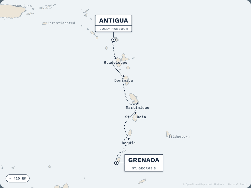 Route map: Grenada → Antigua