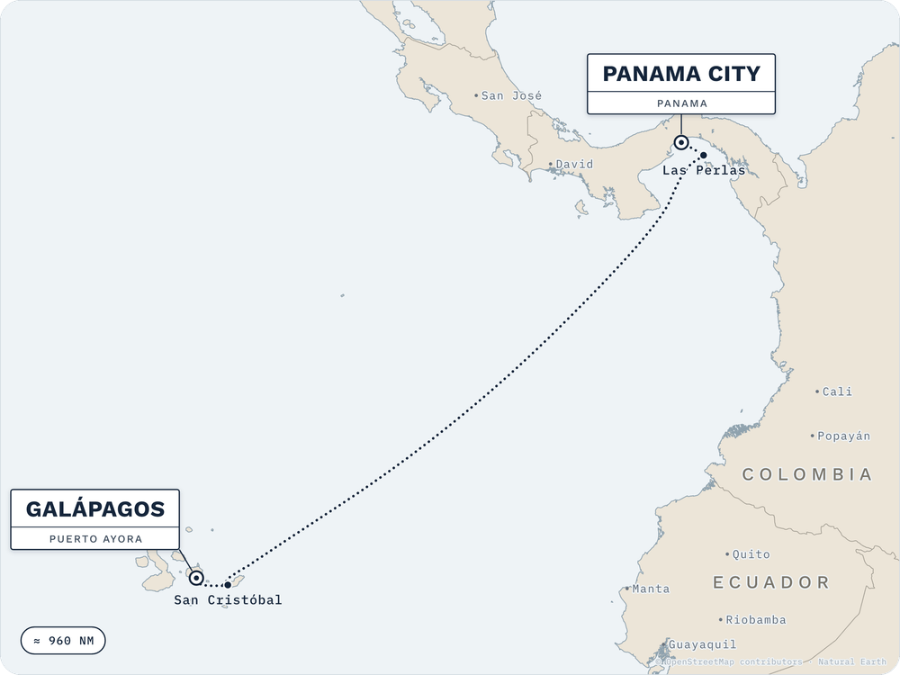 Route map: Panama City → Galápagos