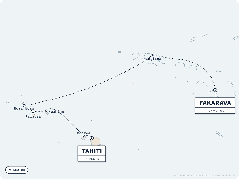 Route map: Tuamotus → Society Islands