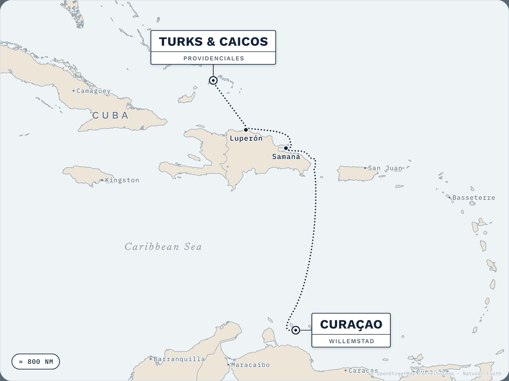 Route map: Turks & Caicos → Curaçao